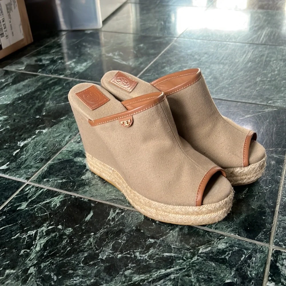 Tory Burch Tan Canvas Espadrille Wedge Mules with Brown Trim Accents